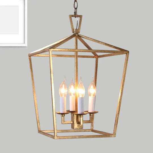 Industrial Metal Pendant Light Fixture - Prismatic/Rhombus Cage Shade 4-Light Suspension In Gold /