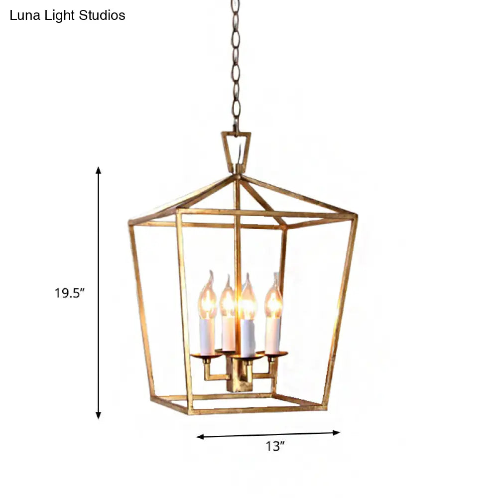 Gold Industrial Metal Pendant Light Fixture: Prismatic/Rhombus Cage Shade 4-Light Suspension