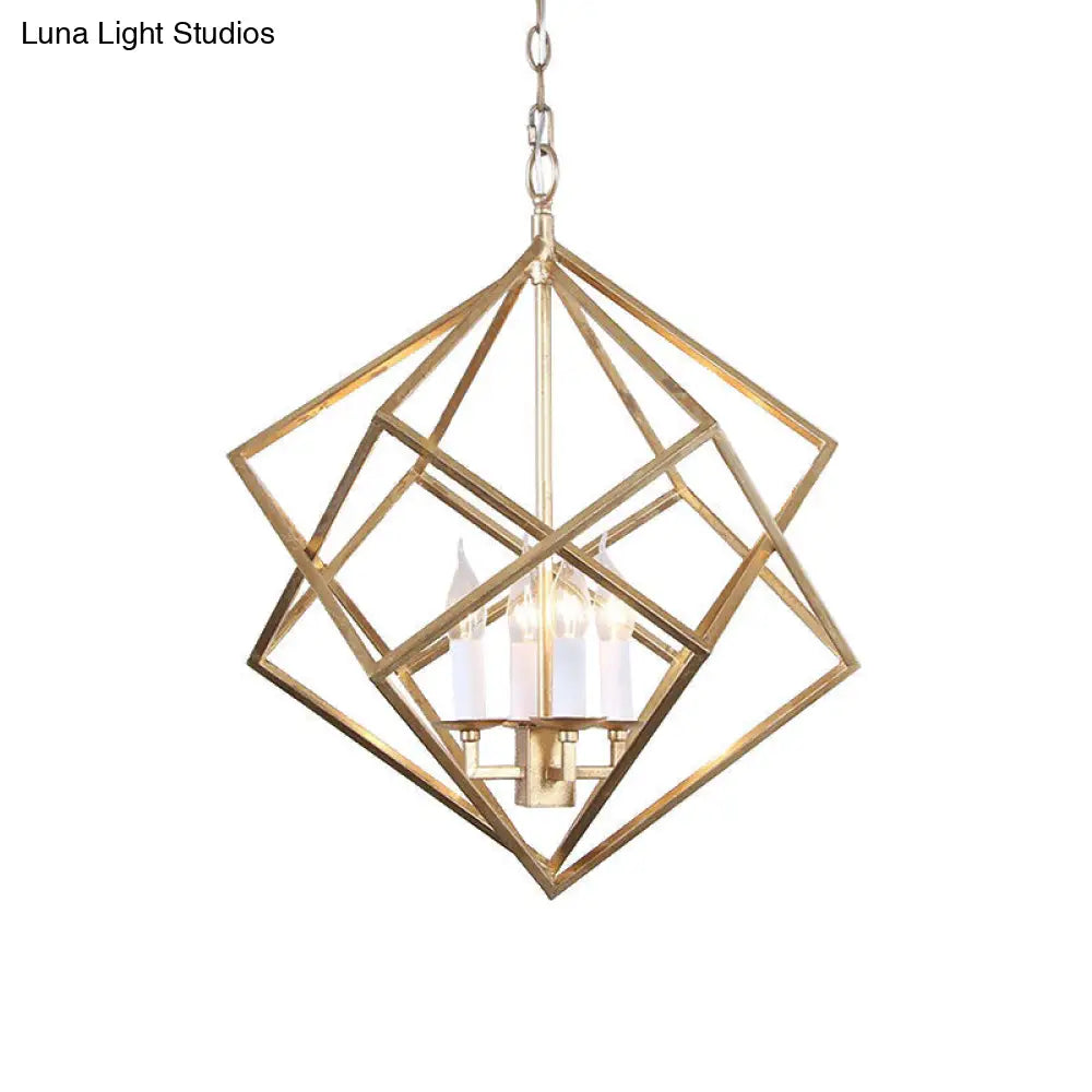 Gold Industrial Metal Pendant Light Fixture: Prismatic/Rhombus Cage Shade 4-Light Suspension