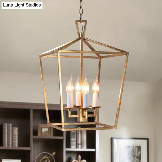 Industrial Metal Pendant Light Fixture - Prismatic/Rhombus Cage Shade 4-Light Suspension In Gold