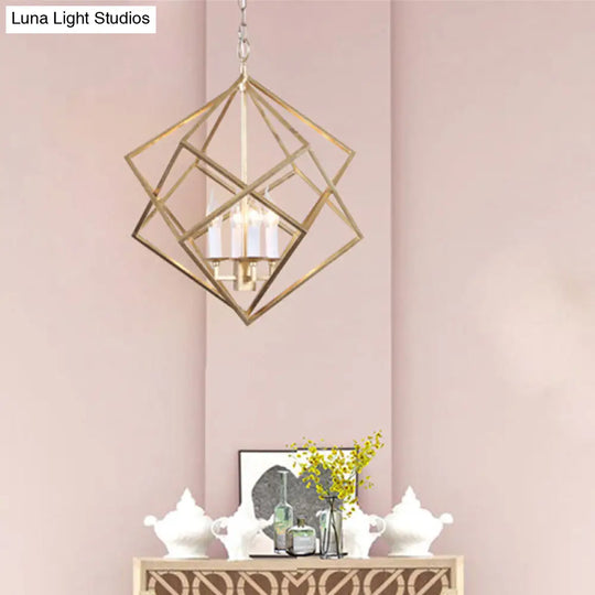 Industrial Metal Pendant Light Fixture - Prismatic/Rhombus Cage Shade 4-Light Suspension In Gold