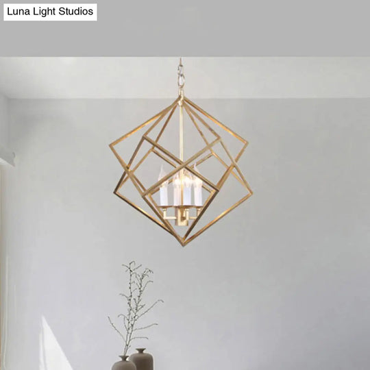 Gold Industrial Metal Pendant Light Fixture: Prismatic/Rhombus Cage Shade 4-Light Suspension /