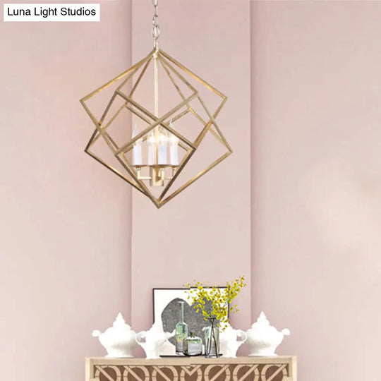 Gold Industrial Metal Pendant Light Fixture: Prismatic/Rhombus Cage Shade 4-Light Suspension