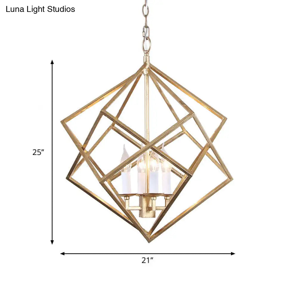 Gold Industrial Metal Pendant Light Fixture: Prismatic/Rhombus Cage Shade 4-Light Suspension