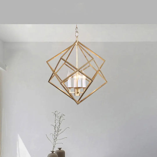 Industrial Metal Pendant Light Fixture - Prismatic/Rhombus Cage Shade 4-Light Suspension In Gold /