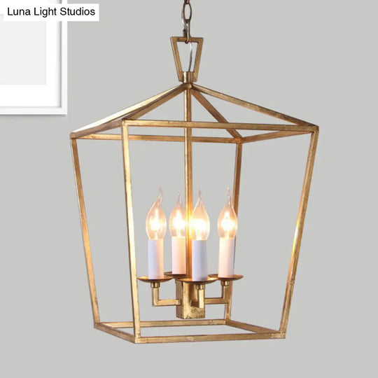 Gold Industrial Metal Pendant Light Fixture: Prismatic/Rhombus Cage Shade 4-Light Suspension /