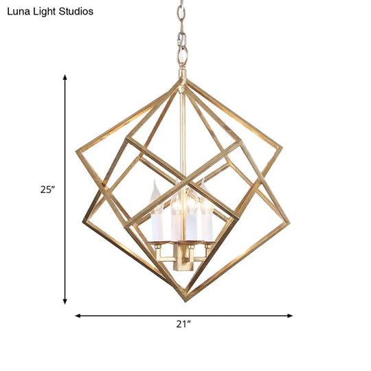 Industrial Metal Pendant Light Fixture - Prismatic/Rhombus Cage Shade 4-Light Suspension In Gold