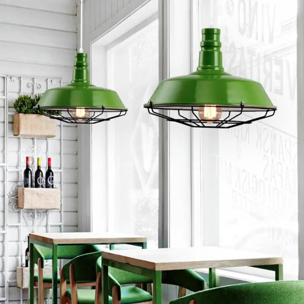 Industrial Metal Pendant Light With Wire Guard In Orange Blue And Green 1-Light 10/14/18 Dia -