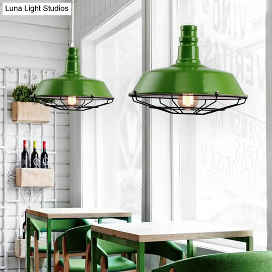Industrial Metal Pendant Light With Wire Guard In Orange Blue And Green 1-Light 10/14/18 Dia -
