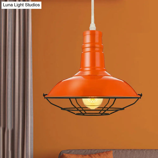 Industrial Metal Pendant Light Fixture With Wire Guard - Orange/Blue/Green Bowl Design