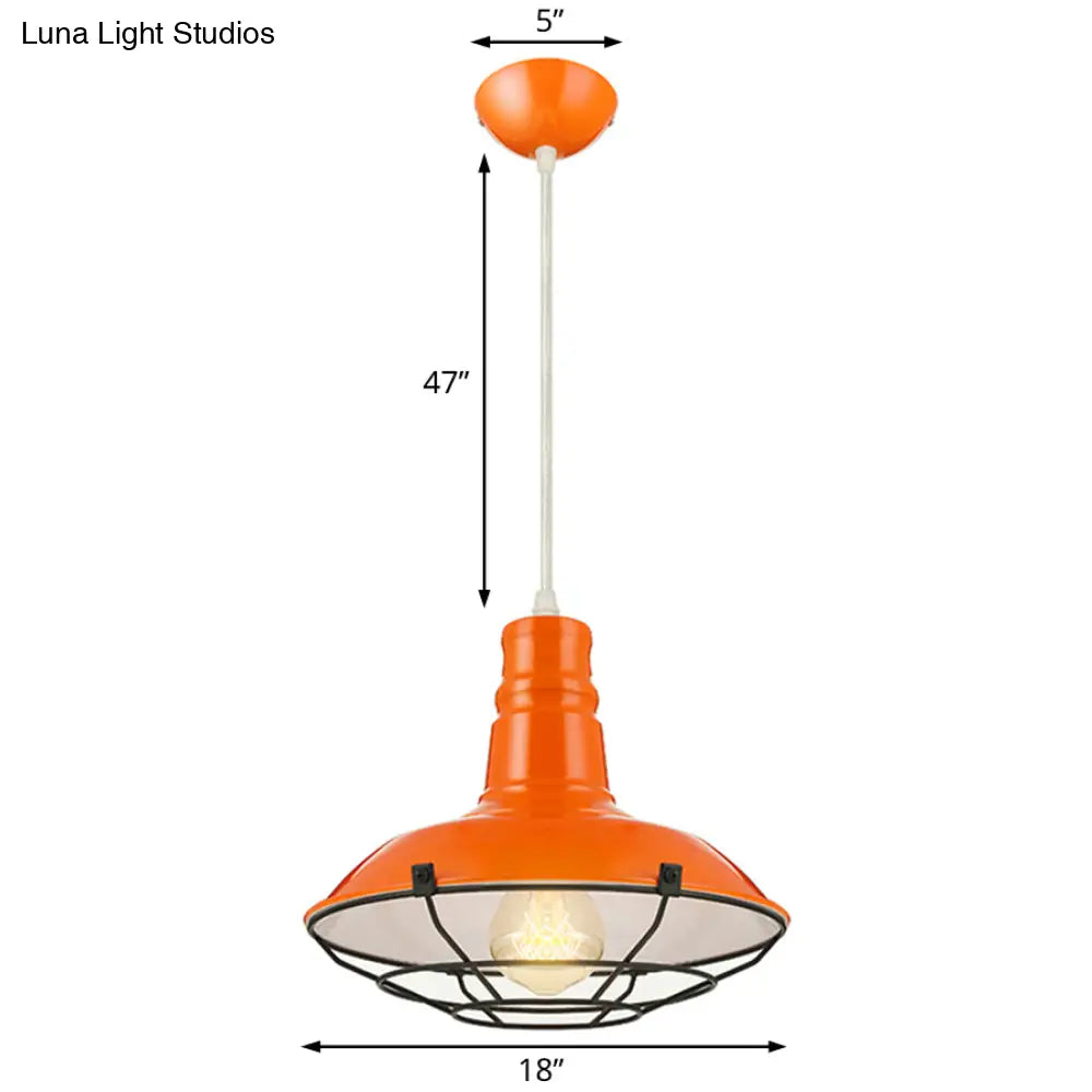 Industrial Metal Pendant Light Fixture With Wire Guard - Orange/Blue/Green Bowl Design