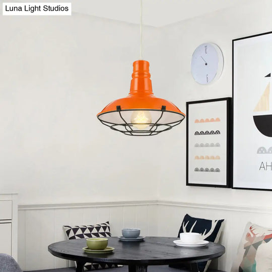 Industrial Metal Pendant Light With Wire Guard In Orange Blue And Green 1-Light 10/14/18 Dia -