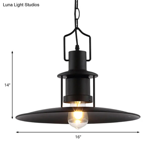 Industrial Metal Pendant Light - Flat Cone Shade 1-Light Dining Room Hanging Fixture In Black 16’