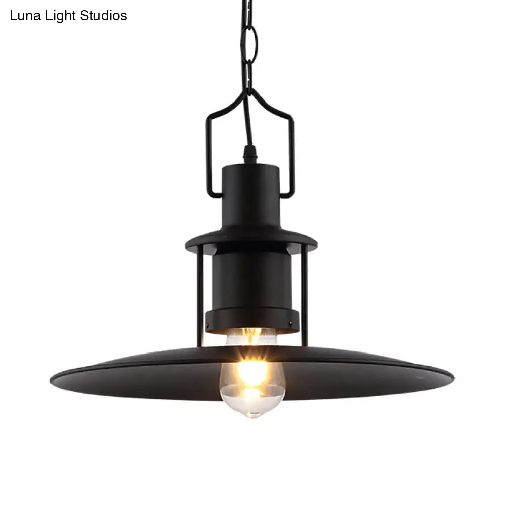 Industrial Metal Pendant Light - Flat Cone Shade 1-Light Dining Room Hanging Fixture In Black 16’
