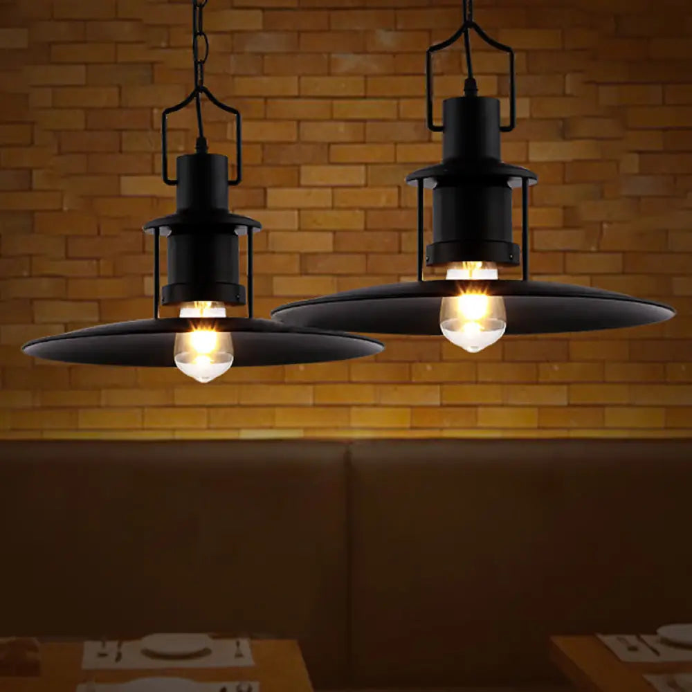 Industrial Metal Pendant Light - Flat Cone Shade 1-Light Dining Room Hanging Fixture In Black 16’