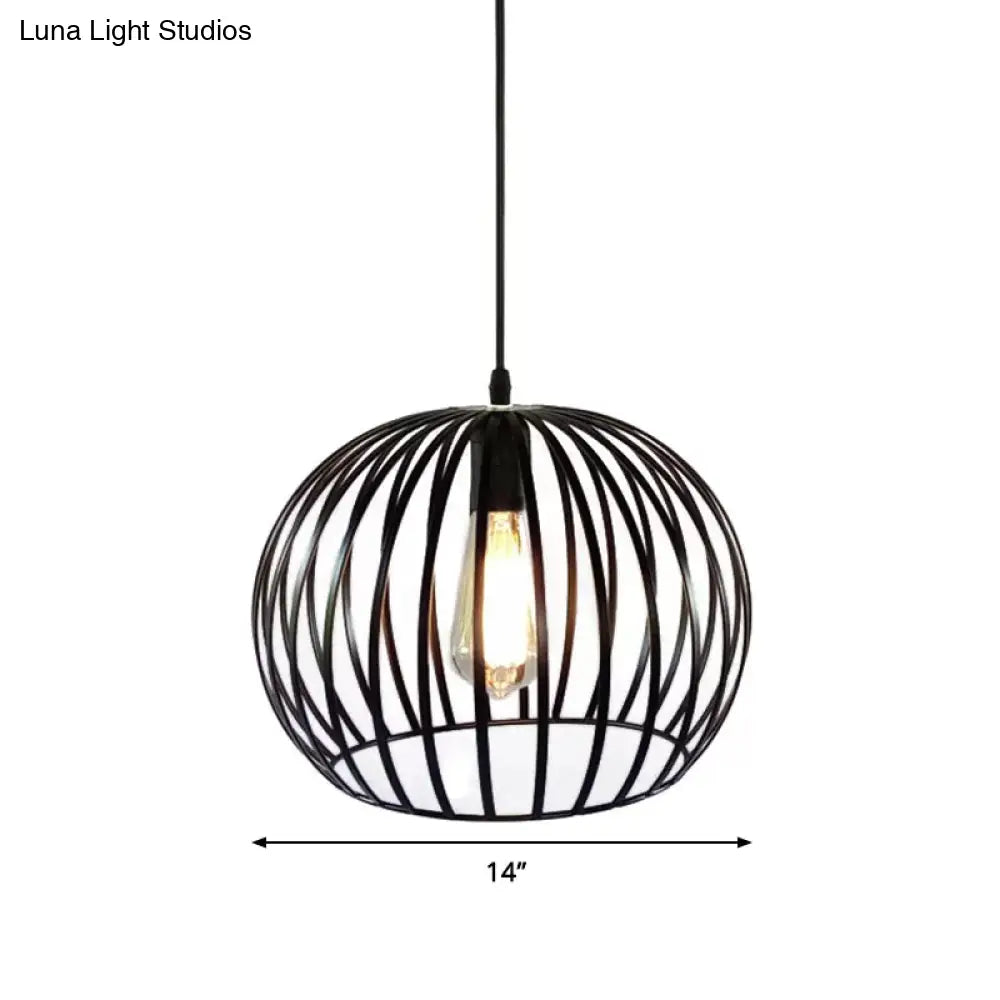 Industrial Metal Pendant Light In Satin Black - 12’/14’ Wide Globe Cage 1 Bulb Perfect For