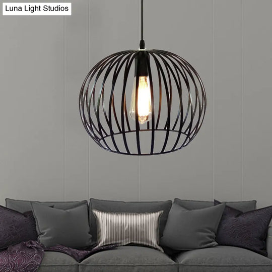 Industrial Metal Pendant Light In Satin Black - 12’/14’ Wide Globe Cage 1 Bulb Perfect For