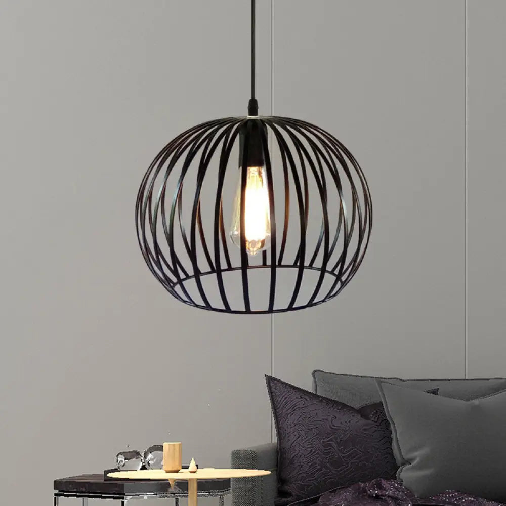 Industrial Metal Pendant Light In Satin Black - 12’/14’ Wide Globe Cage 1 Bulb Perfect For