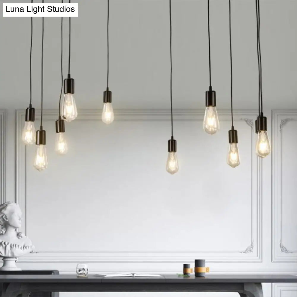 Industrial Black Metal 10-Head Swag Pendant Light For Garage - Naked Bulb Design