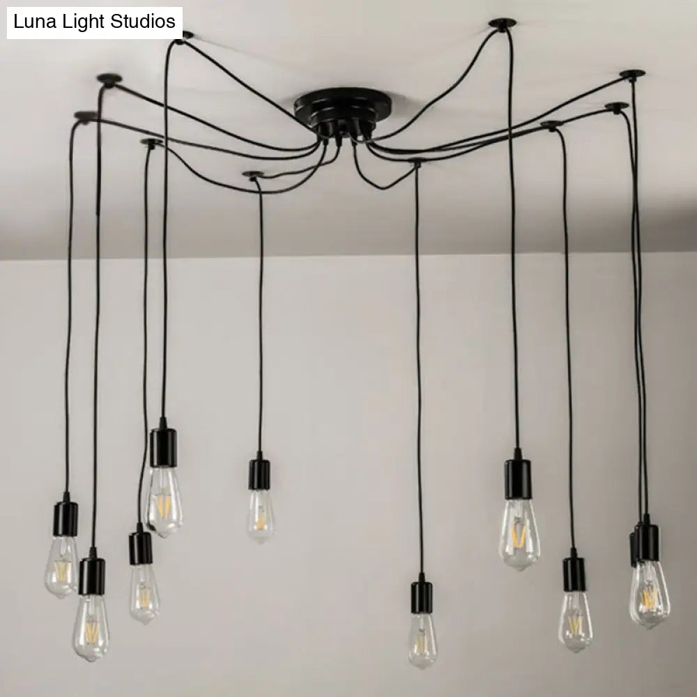 Industrial Metal Pendant Light With 10 Black Naked Bulb Heads - Perfect Garage Swag Hanging Lamp