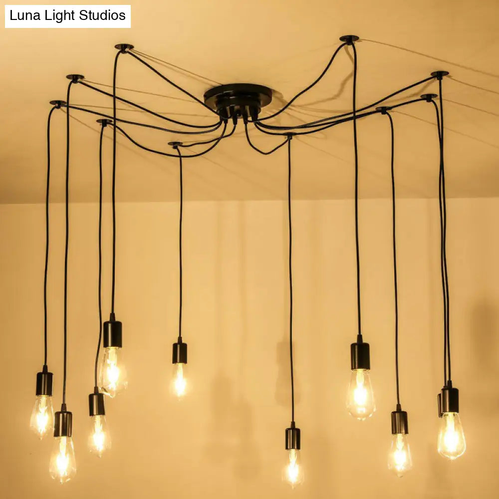 Industrial Metal Pendant Light With 10 Black Naked Bulb Heads - Perfect Garage Swag Hanging Lamp