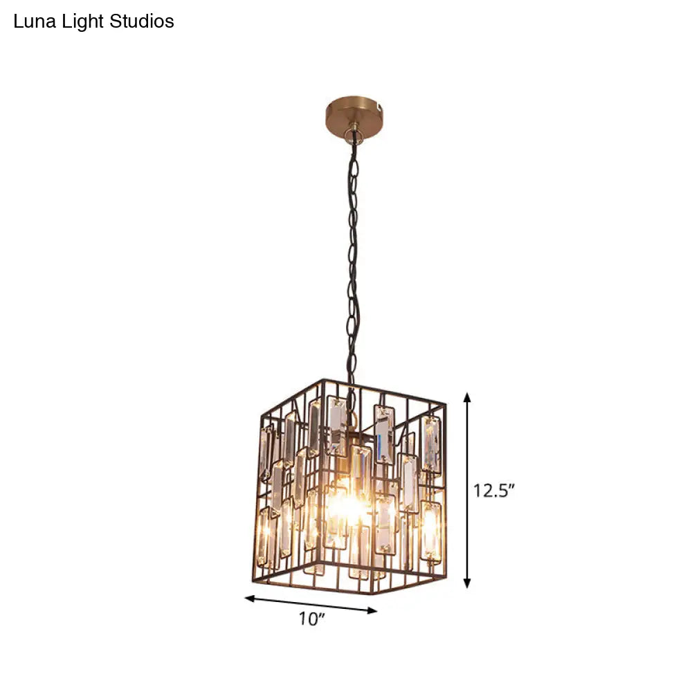 Industrial Metal Pendant Light With Black Cubic Cage & Crystal Accent - Ideal For Restaurants