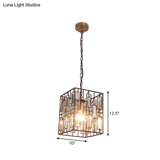 Industrial Metal Pendant Light With Black Cubic Cage & Crystal Accent - Ideal For Restaurants