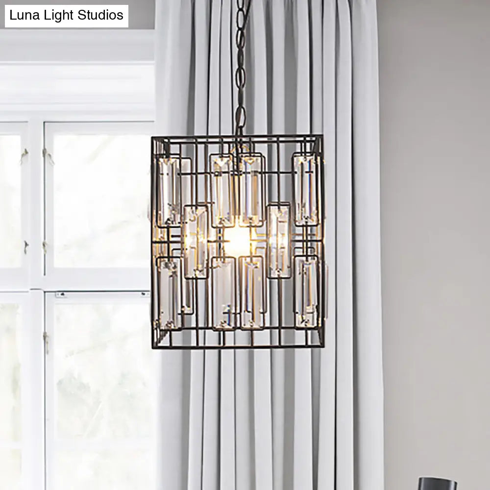 Industrial Metal Pendant Light With Crystal Accent For Restaurant - Black Cubic Cage Design