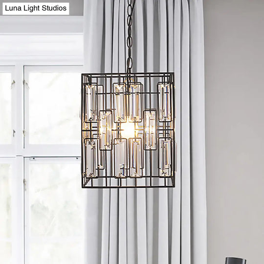 Industrial Metal Pendant Light With Crystal Accent For Restaurant - Black Cubic Cage Design