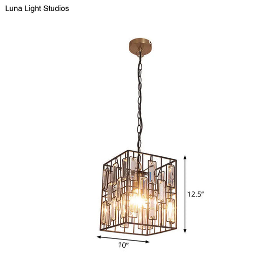 Industrial Metal Pendant Light With Crystal Accent For Restaurant - Black Cubic Cage Design