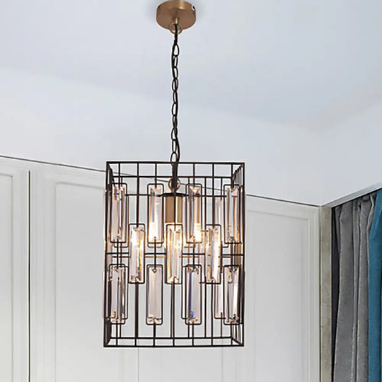 Industrial Metal Pendant Light With Black Cubic Cage & Crystal Accent - Ideal For Restaurants / 8’