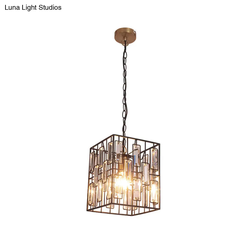 Industrial Metal Pendant Light With Black Cubic Cage & Crystal Accent - Ideal For Restaurants