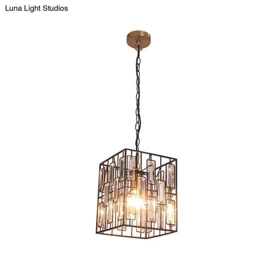 Industrial Metal Pendant Light With Black Cubic Cage & Crystal Accent - Ideal For Restaurants