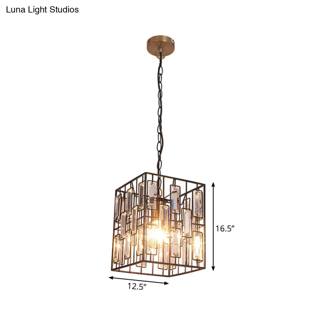 Industrial Metal Pendant Light With Crystal Accent For Restaurant - Black Cubic Cage Design