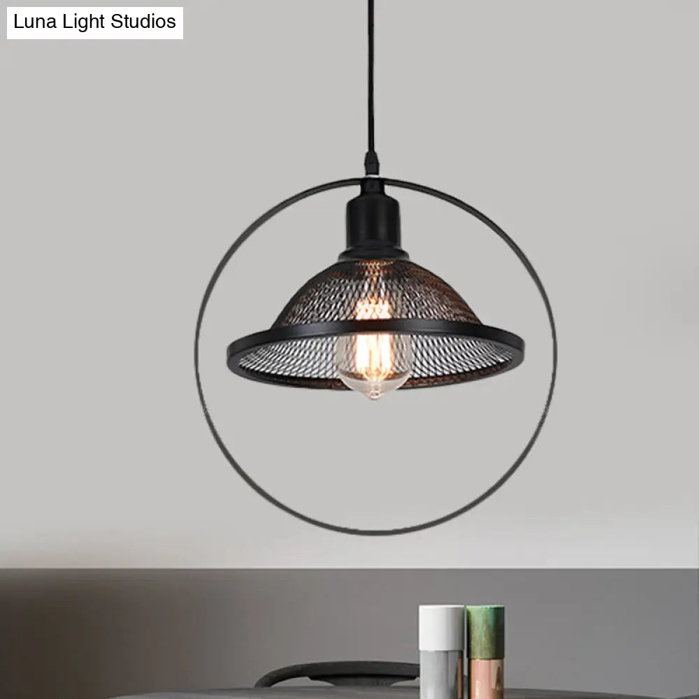Industrial Metal Pendant Light With Black Rhombus/Round Design And Mesh Flared Shade / Round