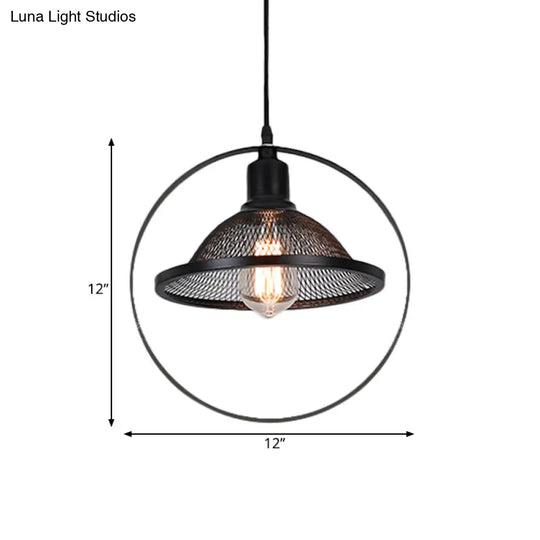 Industrial Metal Pendant Light With Black Rhombus/Round Design And Mesh Flared Shade