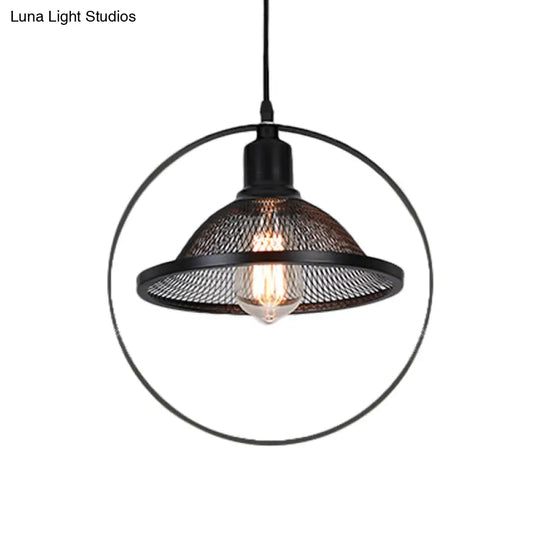 Industrial Metal Pendant Light With Black Rhombus/Round Design And Mesh Flared Shade