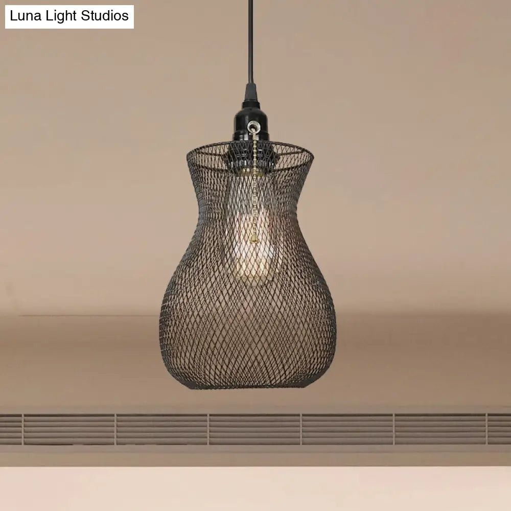 Industrial Metal Pendant Light With Black Wire Cage - Stylish Dining Room Hanging Fixture