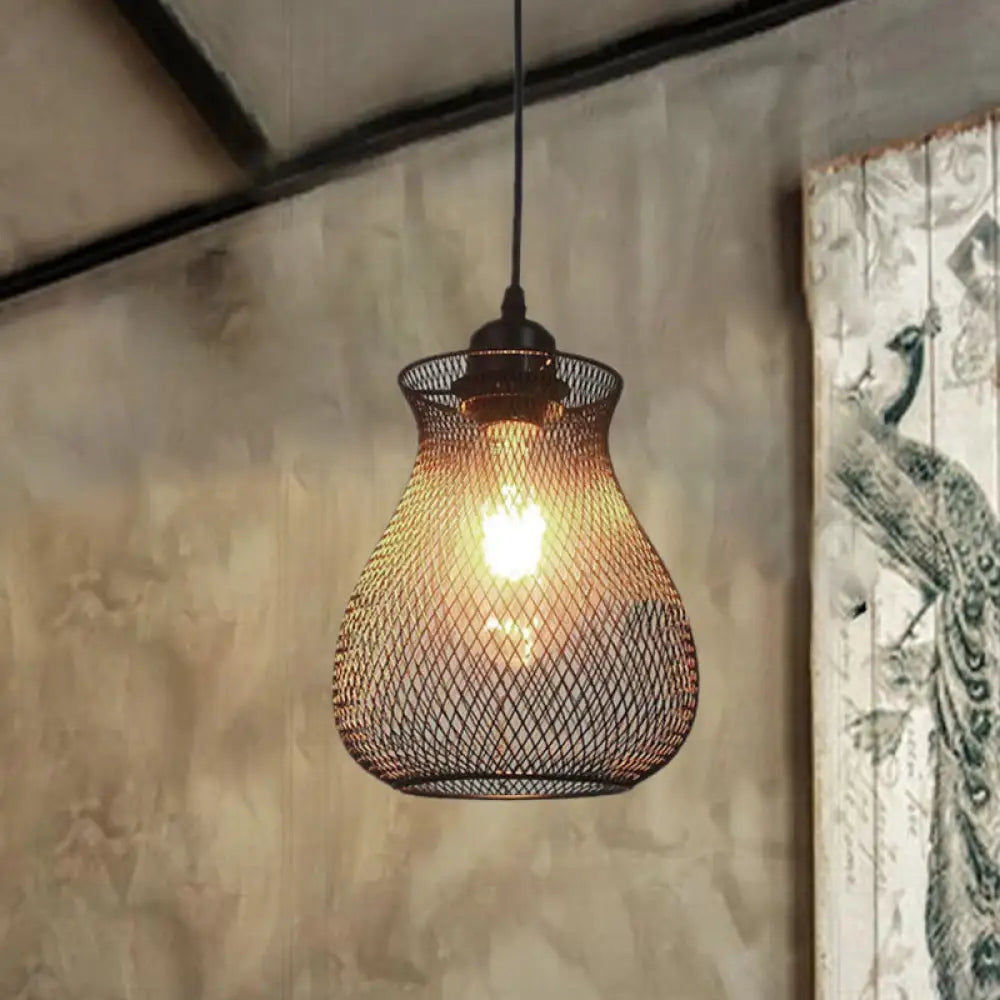 Industrial Metal Pendant Light With Black Wire Cage - Stylish Dining Room Hanging Fixture / B