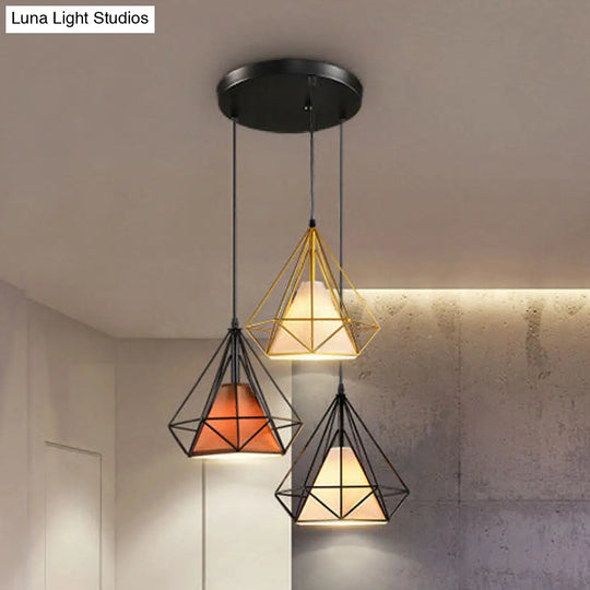 Industrial Diamond Cage Pendant Light - Metal Hanging Fixture With 3 Bulbs For Dining Room