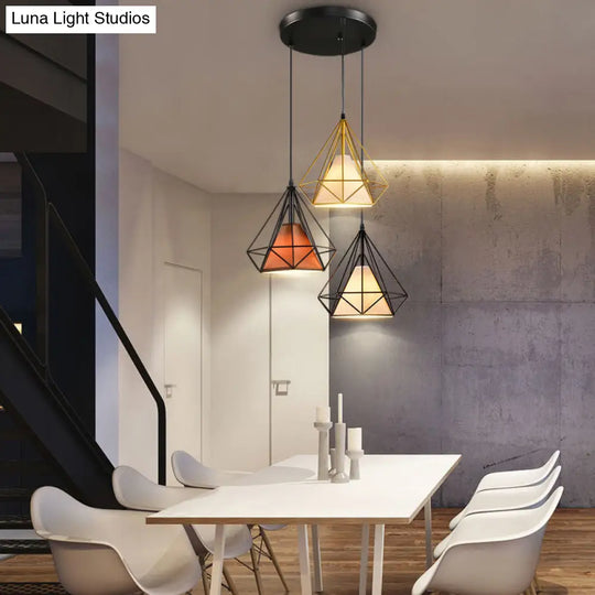 Industrial Metal Pendant Light With Diamond Cage Design - 3 Bulbs Yellow/Black For Dining Room