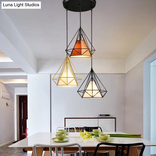 Industrial Diamond Cage Pendant Light - Metal Hanging Fixture With 3 Bulbs For Dining Room