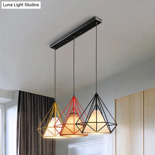 Industrial Diamond Cage Pendant Light - Metal Hanging Fixture With 3 Bulbs For Dining Room