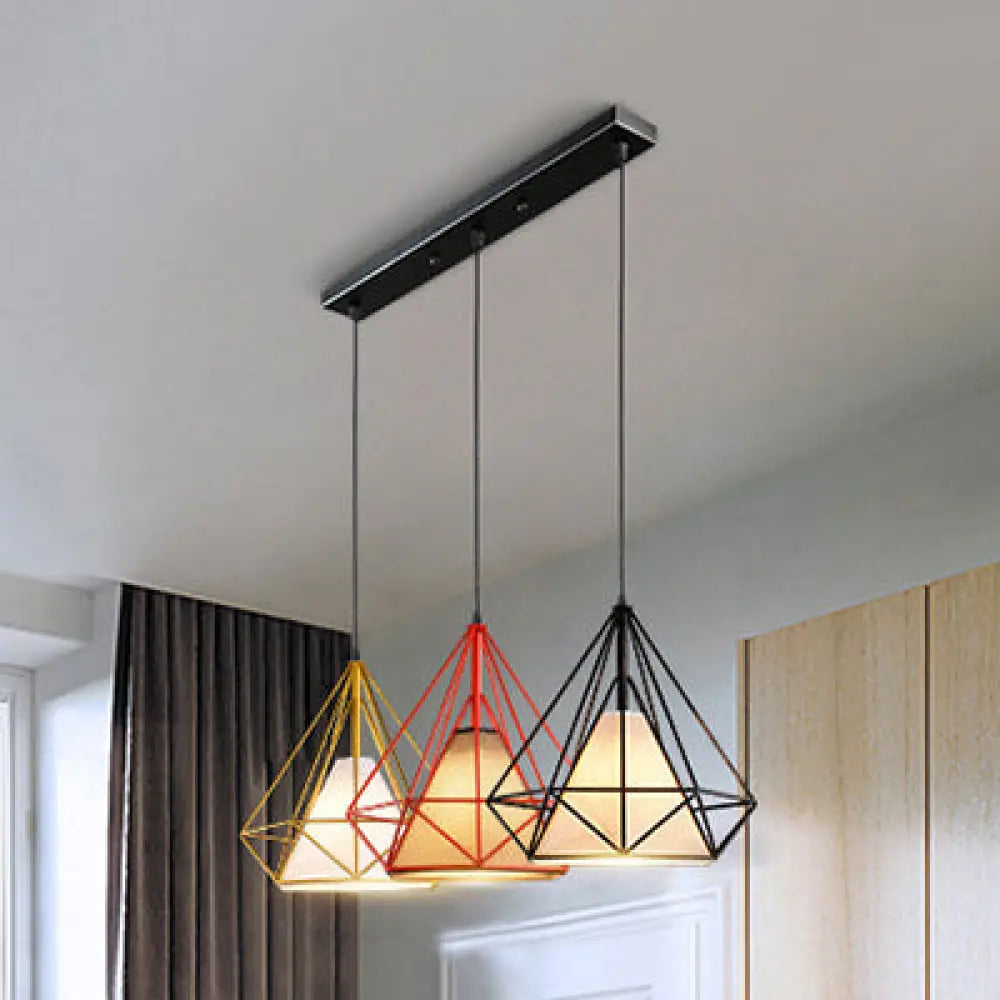 Industrial Metal Pendant Light With Diamond Cage Design - 3 Bulbs Yellow/Black For Dining Room