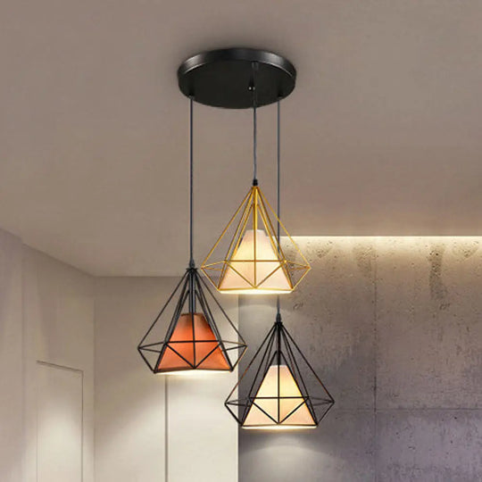 Industrial Metal Pendant Light With Diamond Cage Design - 3 Bulbs Yellow/Black For Dining Room