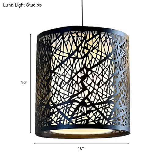 Industrial 1 Light Black Metal Hanging Lamp With Etched Drum Design - Perfect For Dining Rooms