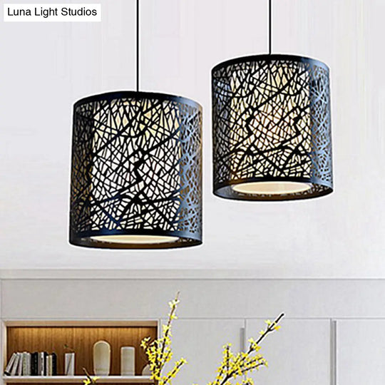 Industrial 1 Light Black Metal Hanging Lamp With Etched Drum Design - Perfect For Dining Rooms