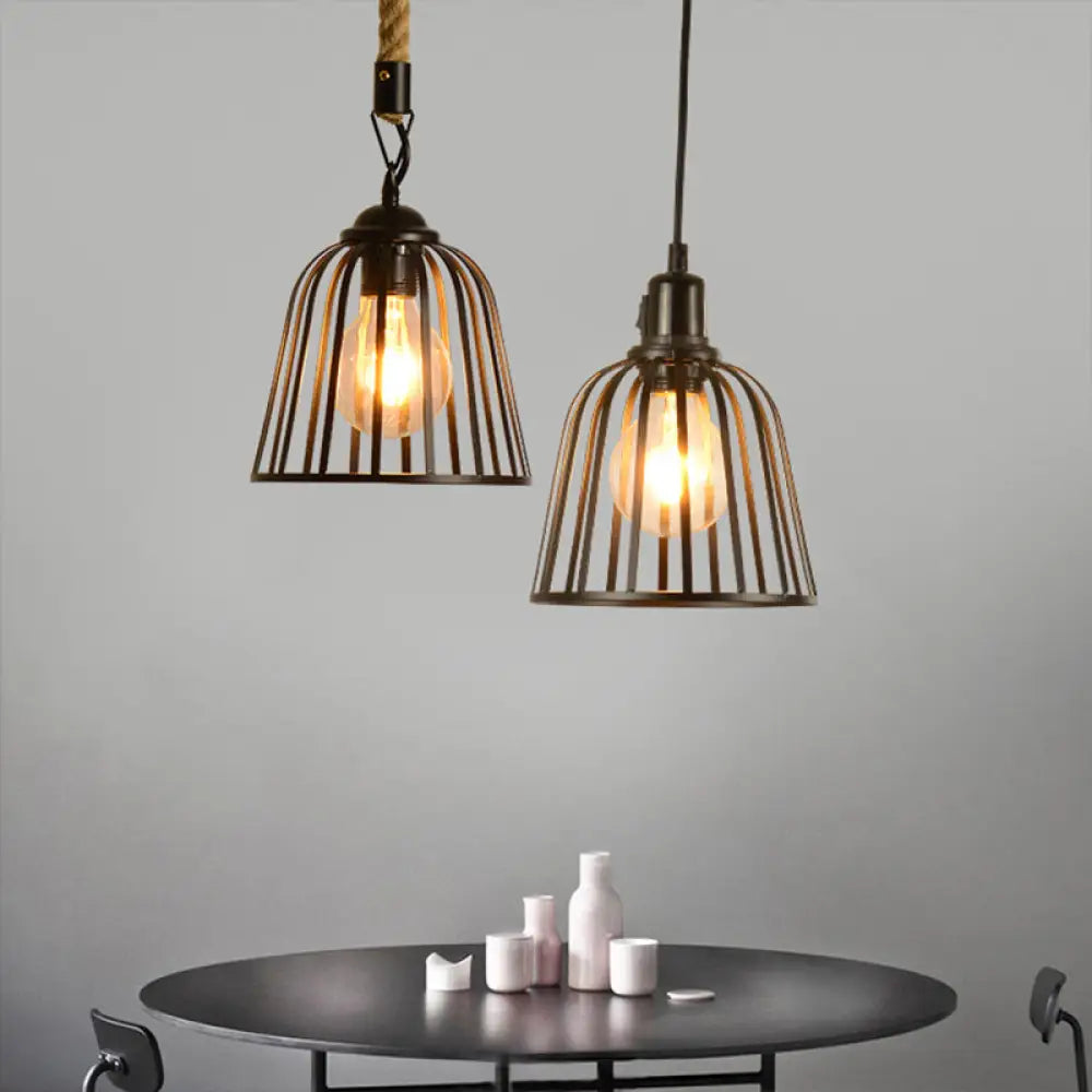 Industrial Metal Pendant Light With Rope Cord - Domed Cage Design Black Suspension Lamp Ideal For