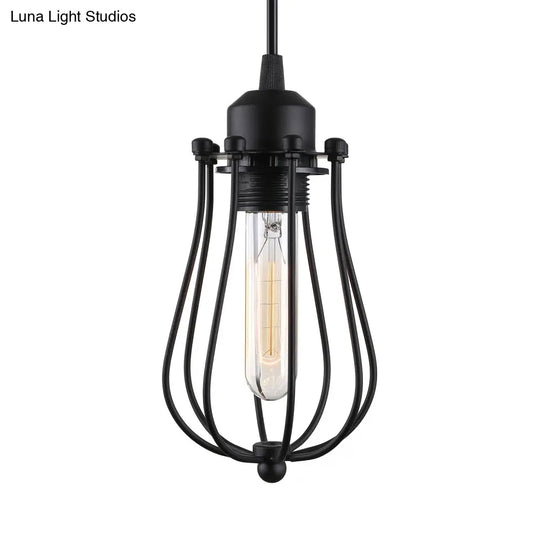 Caged Metal Pendant Light - Industrial Hanging Lamp With Teardrop Shade In Brass/White/Black