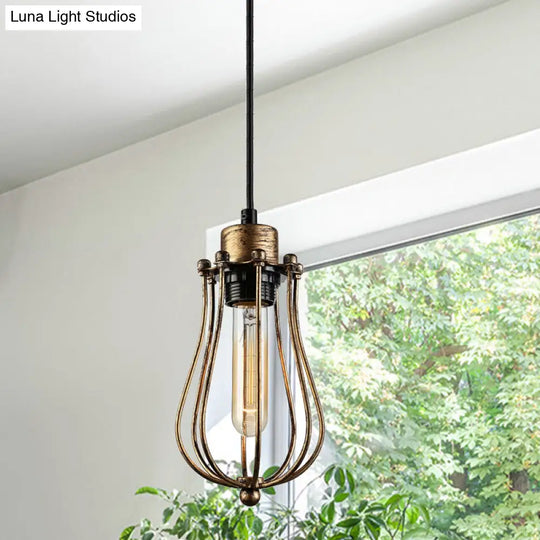 Caged Metal Pendant Light - Industrial Hanging Lamp With Teardrop Shade In Brass/White/Black